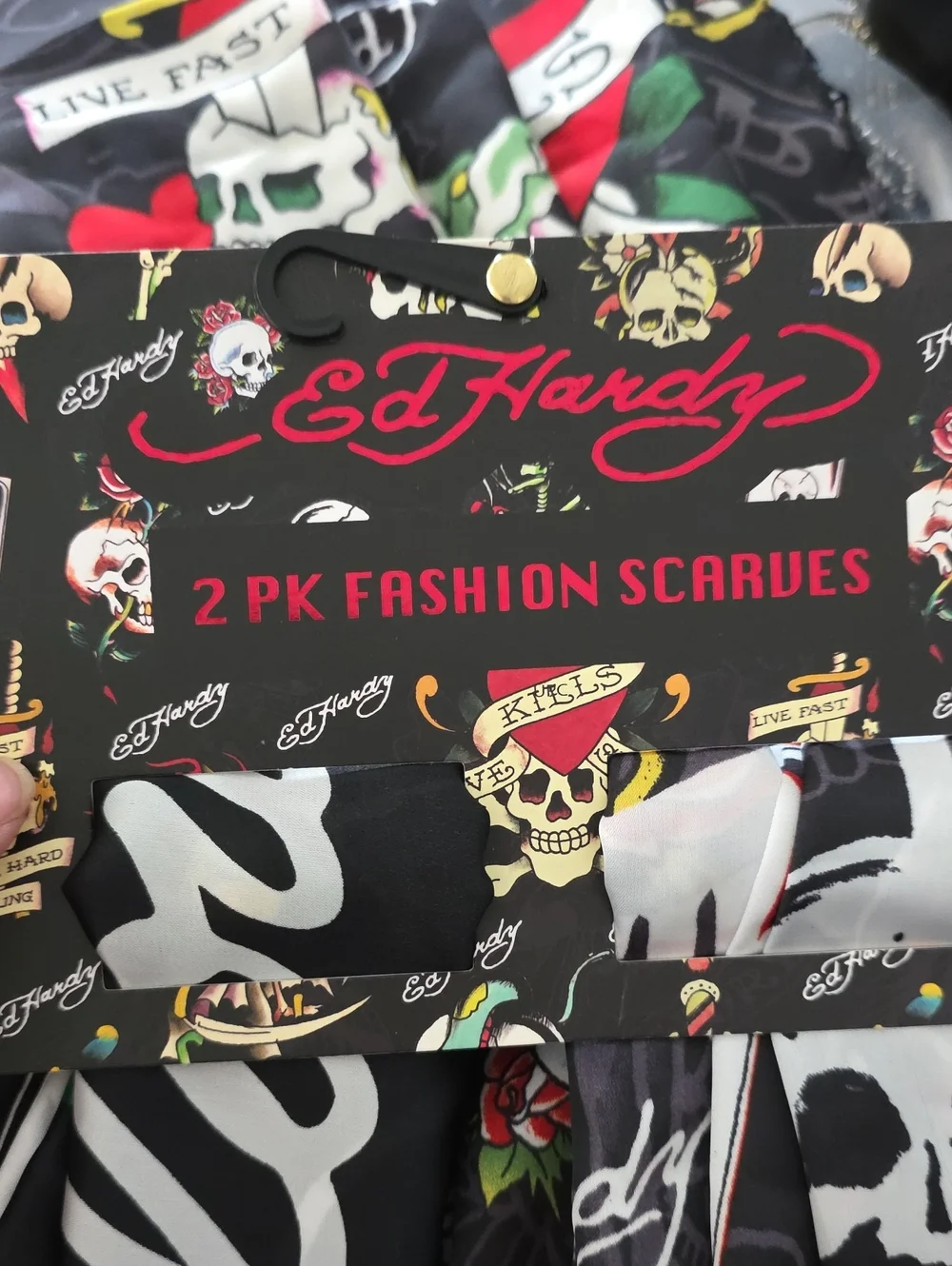 Ed Hardy black graphic Scarves 2pk with bold tattoo-inspired print